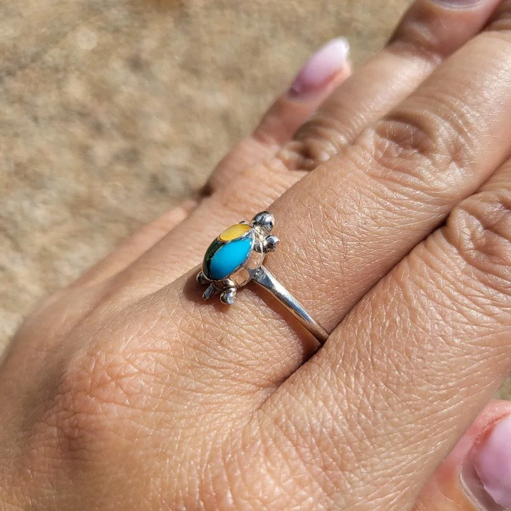 Native American Handmade Mini Turtle Multi Stones Zuni Inlay Ring Turquoise Opal